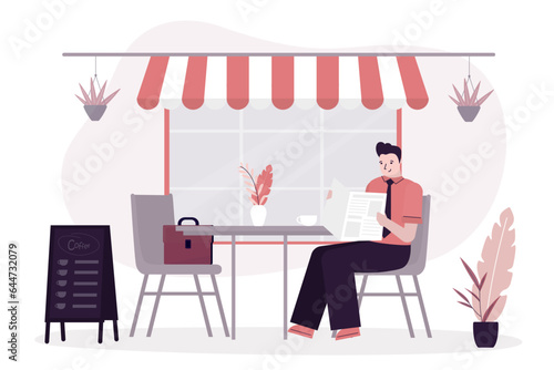 Businessman drink coffee at outdoor cafe during work break. Handsome man, company employee character sitting at table reading daily newspaper