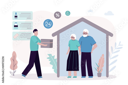 Pharmacy shipping. Home delivery of medicines. Family of old people order pills online. Male courier brought box of medicines home to elderly. Convenient purchase technology,