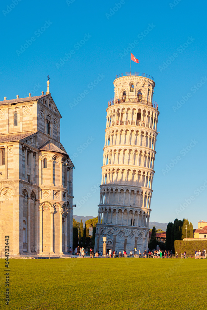 Tour de Pise- Pisa, Cathedral and the Leaning tower in Italy at the morning- tour tourism, travel, vacation in Europe