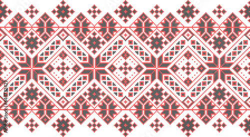 Vector illustration of Ukrainian ornament in ethnic style, identity, vyshyvanka, embroidery for print clothes, websites, banners. Background. Geometric design, border, copy space, frame