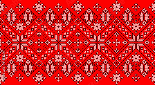 Vector illustration of Ukrainian ornament in ethnic style, identity, vyshyvanka, embroidery for print clothes, websites, banners. Background. Geometric design, border, copy space, frame