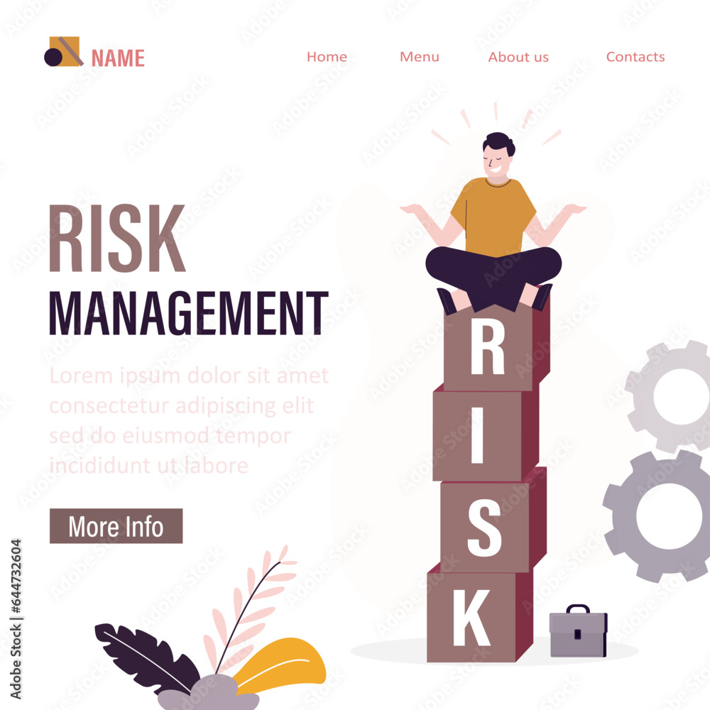 Obraz premium Risk management, landing page template. Calm businessman sitting in lotus pose on balanced pyramid of blocks with text - RISK. Challenge managing. Financial management