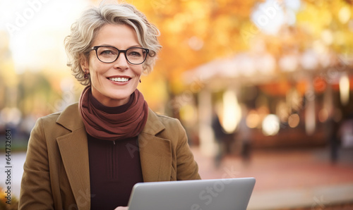 attraktive erwachsene ältere Frau am Laptop draußen