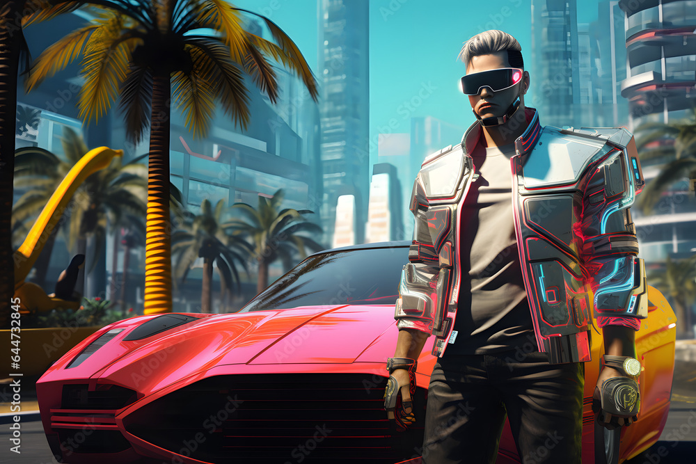 Young man in cyberpunk style in futuristic setting with sports car Young man in cyberpunk style in futuristic setting with sports car