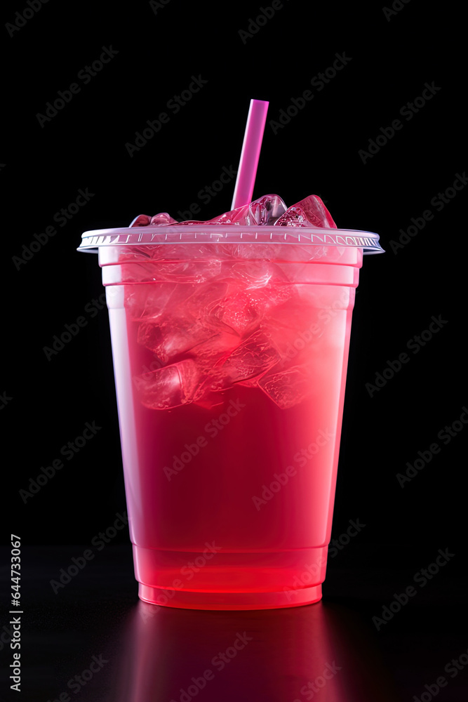 Pink drink in plastic cup isolated on black background. Take away drinks concept Pink drink in plastic cup isolated on black background. Take away drinks concept