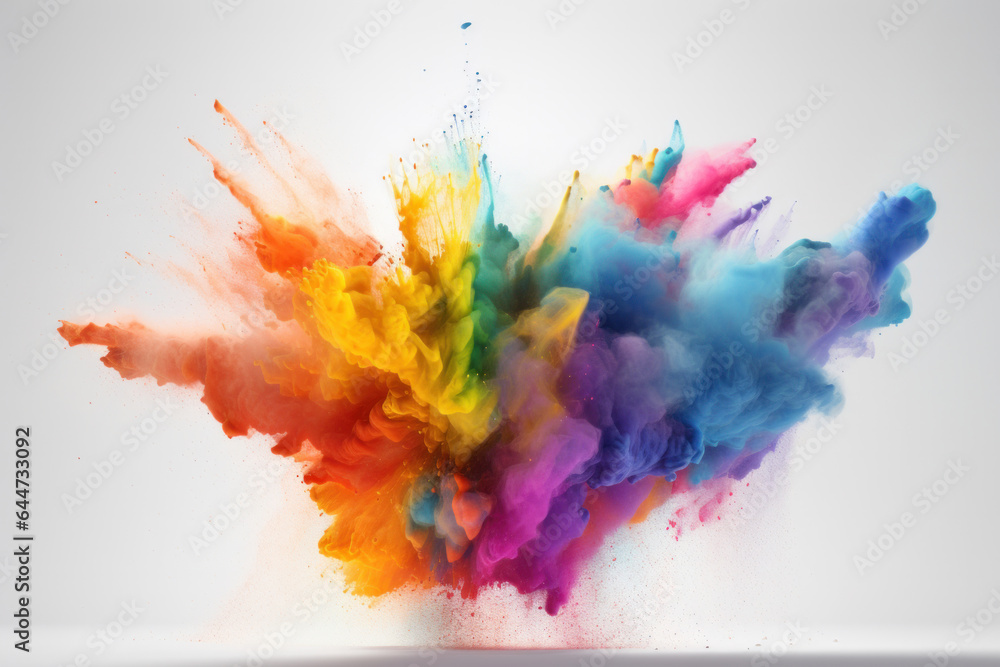 A vibrant rainbow of powder creates a beautiful shade and texture against a clean white background. A stunning and joyful shot. AI Generative.
