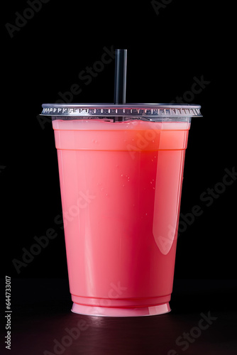 Pink drink in plastic cup isolated on black background. Take away drinks concept