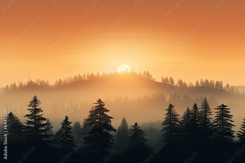 Sunset  with the sun casting shadows in the shape of pine trees on fog