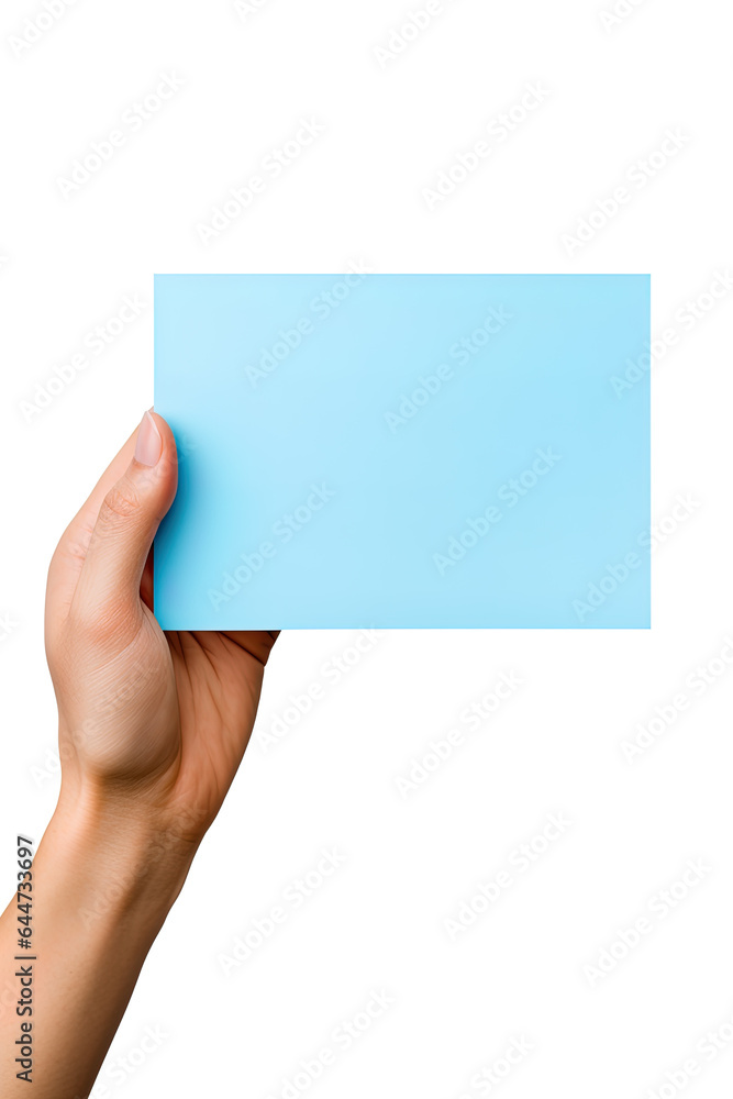 A human hand holding a blank sheet of blue paper or card isolated on white background A human hand holding a blank sheet of blue paper or card isolated on white background