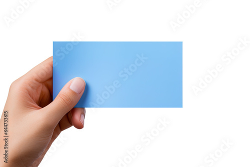 A human hand holding a blank sheet of blue paper or card isolated on white background