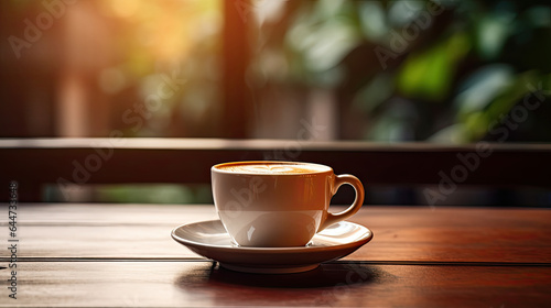 Cup of coffee on the wooden table, nature as a background 