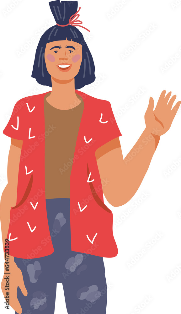 Young smiling cheerful woman with greeting gesture, standing on a white background, saying hello. Young girl waving hand in friendly greeting. Young smiling cheerful woman with greeting gesture, standing on a white background, saying hello. Young girl waving hand in friendly greeting.