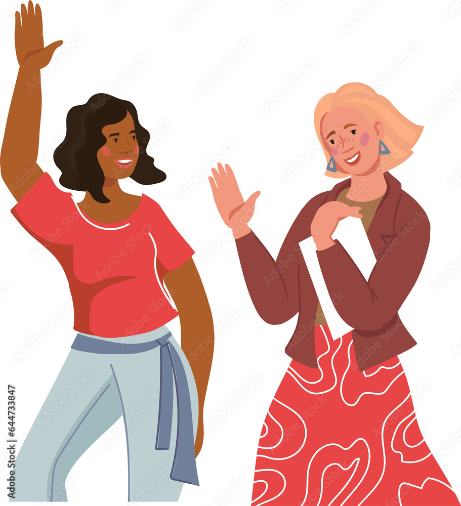 Young smiling cheerful women of different nationalities wave their hand in a friendly greeting, flat illustration. Two girlfriends, multiracial friendship. Young smiling cheerful women of different nationalities wave their hand in a friendly greeting, flat illustration. Two girlfriends, multiracial friendship.