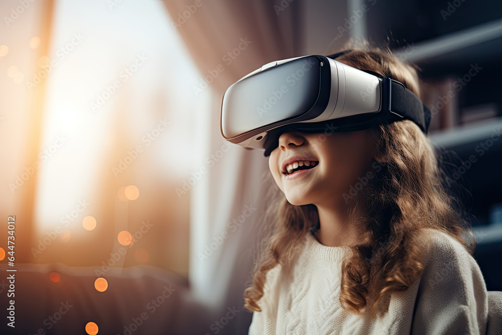 Close-up portrait of a young girl wearing virtual reality glasses Close-up portrait of a young girl wearing virtual reality glasses