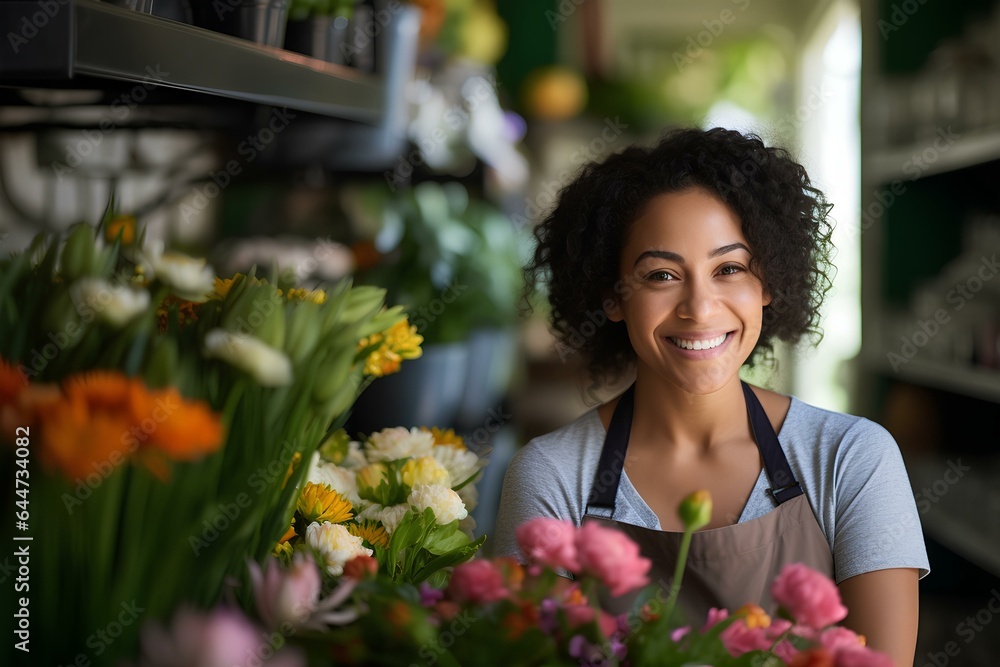 Happy african american flower shop owner smiling as she achieves success in her small business. concept of happiness in everyday life. generative AI Happy african american flower shop owner smiling as she achieves success in her small business. concept of happiness in everyday life. generative AI