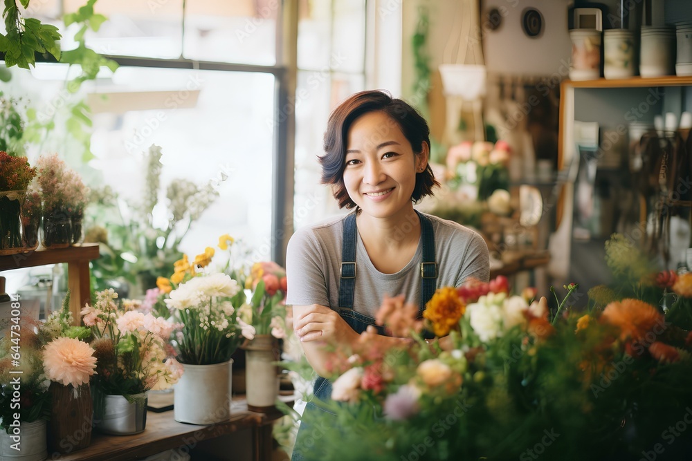 Happy korean flower shop owner smiling as she achieves success in her small business. concept of happiness in everyday life. generative AI