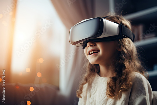 Close-up portrait of a young girl wearing virtual reality glasses 