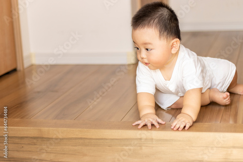赤ちゃんと玄関の段差（男の子、0歳、生後9か月、日本人）