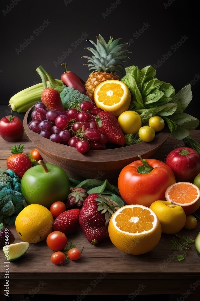 Fruits and Vegetables were placed together in a wooden bowl. Generative AI. Fruits and Vegetables were placed together in a wooden bowl. Generative AI.