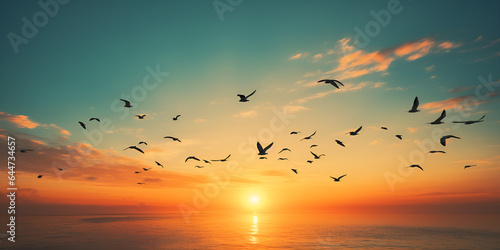 birds on sunset, Swarm of Doves flying on sunset stock photo
