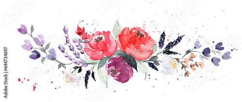 handgemaltes Bouquet aus Watercolor Blumen in Rot, Pink und Lila mit Greenery photo