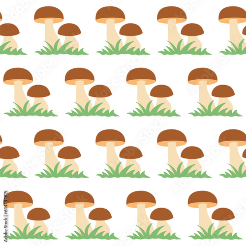 Seamless pattern of mushrooms with green grass on a white background, autumn vector illustration.