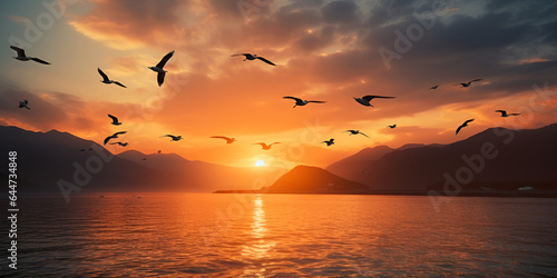 sunset over the     Pelicans on the Sunset stock photo 