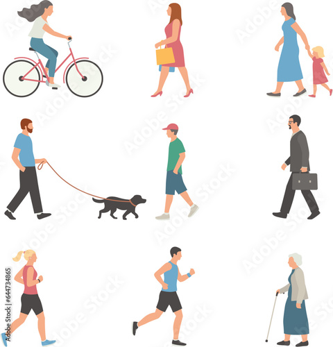 Vector collection of people going about their business, walking or exercising, jogging