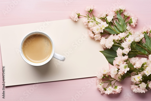 Top view of a coffee cup, small bouquet of fresh flowers and a handwritten blank note. 