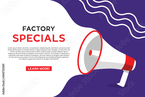 Factory Specials banner with megaphone announcement flat vector.