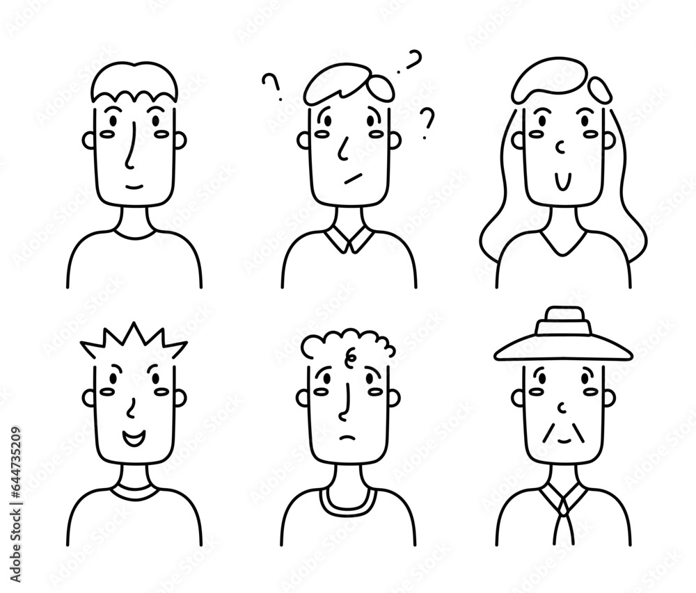 Cute outline character vetor illustration ethnicity people, young and old, man and woman. Trendy faces of people in a linear style. Outline, linear, thin line art, hand drawn sketch, doodle style Cute outline character vetor illustration ethnicity people, young and old, man and woman. Trendy faces of people in a linear style. Outline, linear, thin line art, hand drawn sketch, doodle style