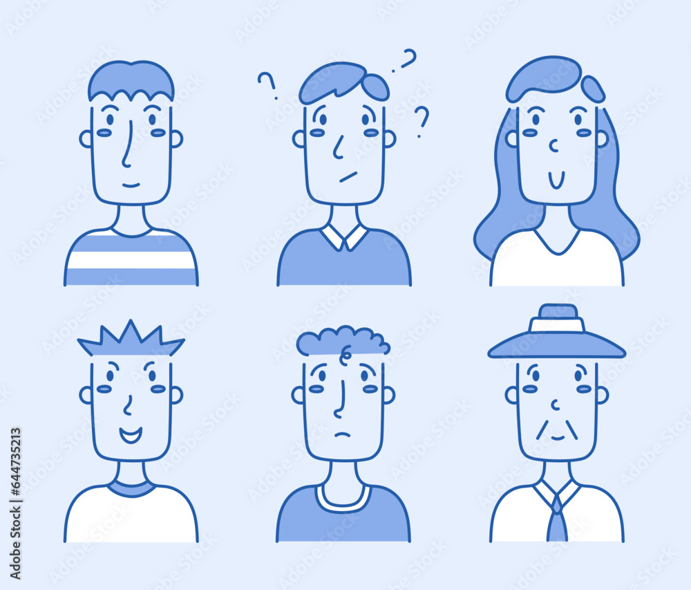 Collection of people avatars. Human portraits of men, women, pensioners. Set of people's faces in a linear style. Trendy doodle style. Vector illustration in doodle style Collection of people avatars. Human portraits of men, women, pensioners. Set of people's faces in a linear style. Trendy doodle style. Vector illustration in doodle style