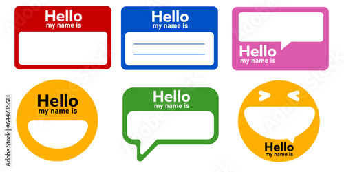 Name tag sticker design template empty with text Hello my name is label registration identity photo