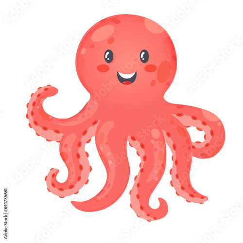 Watercolor vector illustration of a сute octopus. The mascot of nature conservation. Wall drawing of a square zoo or aquarium, poster. Joyful design for sticker, stamp or patch in cartoon style. 