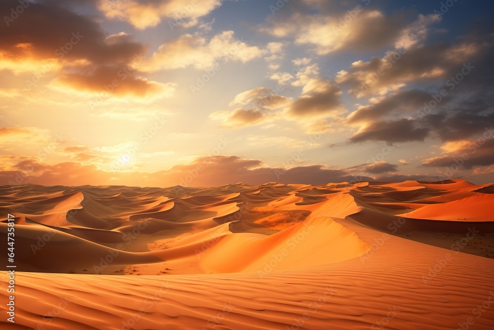 Beautiful Sunset in the desert. Sand dunes with cloud sky background
