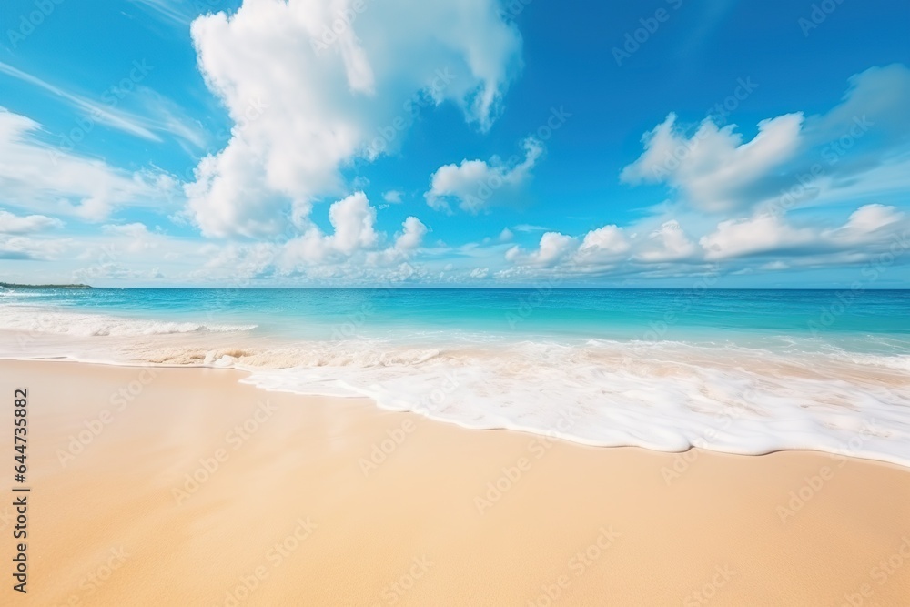 Tropical summer beach background with golden sand, turquoise ocean and blue sky with white clouds Tropical summer beach background with golden sand, turquoise ocean and blue sky with white clouds