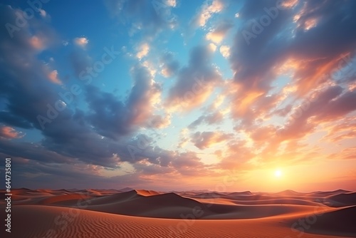 Beautiful Sunset in the desert. Sand dunes with cloud sky background