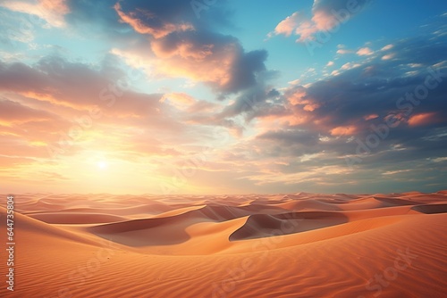 Beautiful Sunset in the desert. Sand dunes with cloud sky background