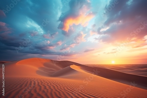 Beautiful Sunset in the desert. Sand dunes with cloud sky background