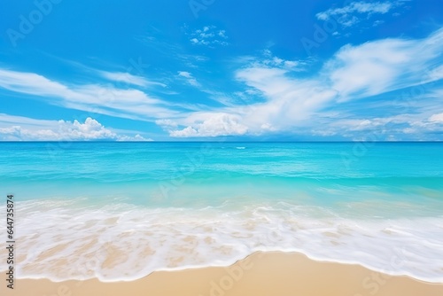 Tropical summer beach background with golden sand  turquoise ocean and blue sky with white clouds