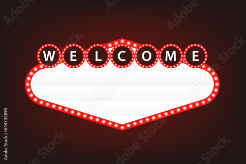 Classic retro welcome sign. Retro red lightbox with bulbs border. Simple modern flat style. Vector illustration