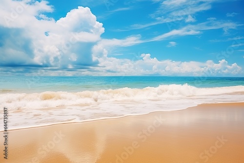 Tropical summer beach background with golden sand, turquoise ocean and blue sky with white clouds © JetHuynh