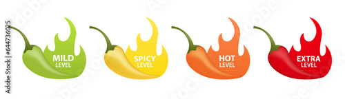Spicy chili pepper strength level labels with fire flames. Spicy food or sauce taste scale indicators, green, red, yellow and orange rating signs for hot, extra and mild taste. Vector illustration