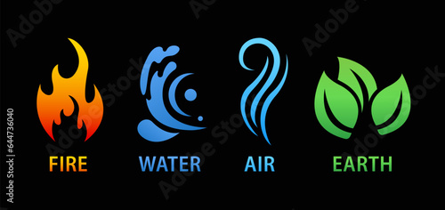 Four elements nature fire air earth water vector icons set logo. Symbol design of wind, air, fire, water, earth for app concept. Vector illustration