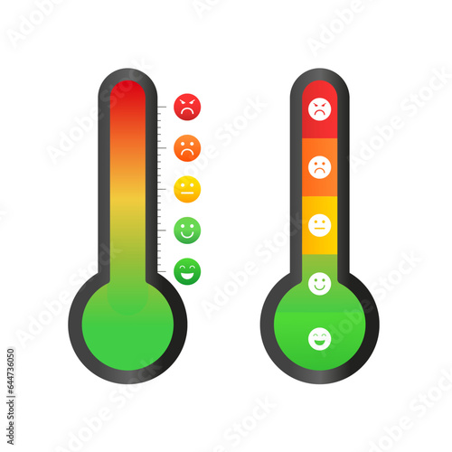 Scale of emotions. Customer evaluation and feedback concept. Different reaction. Temperature and weather forecast. Smiling, calm, angry. Vector illustration