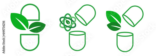 capsule and leave symbol of herbal medication natural ingredient herbarium herbs in pharmacology supplement icon logo set