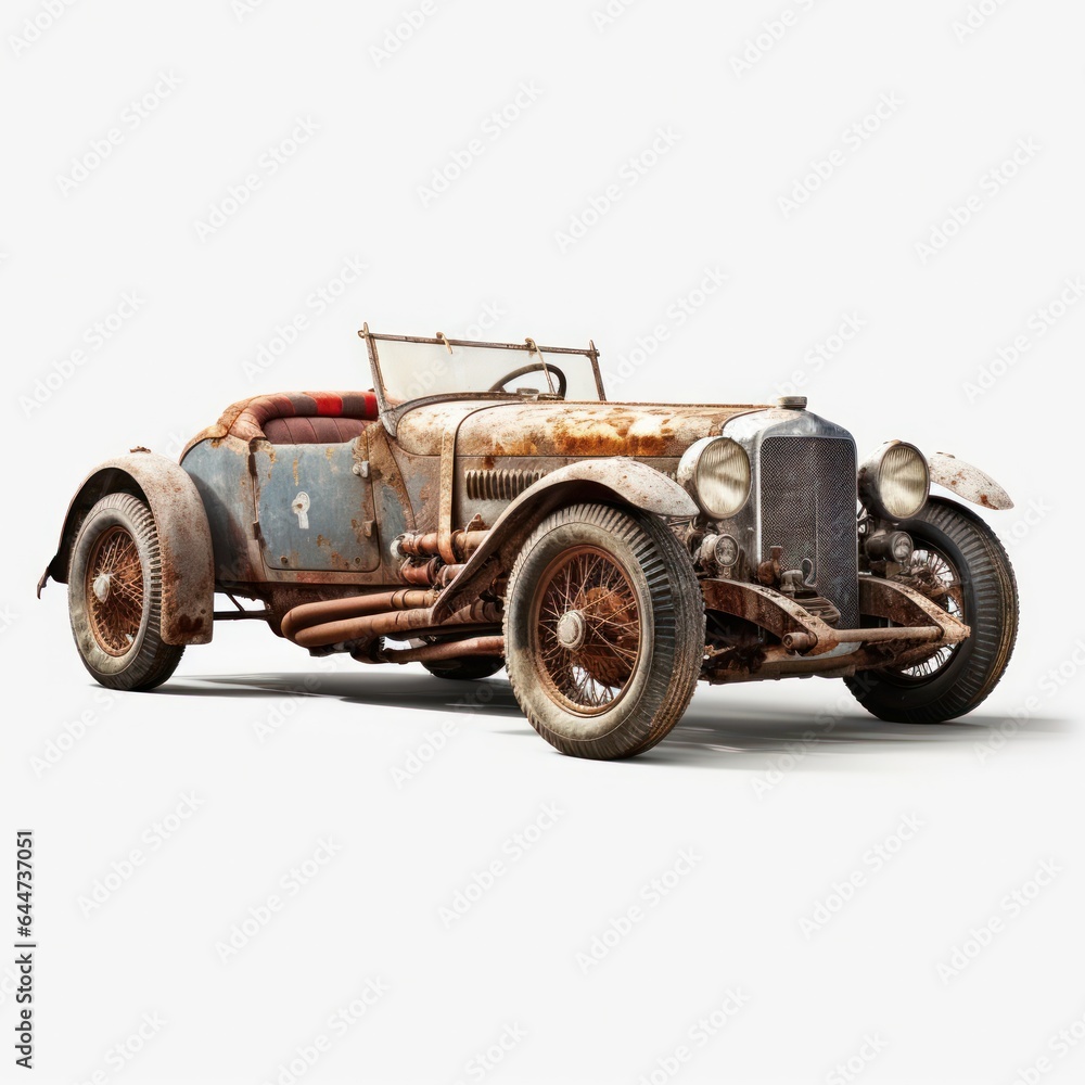 vintage rusted car isolated on white