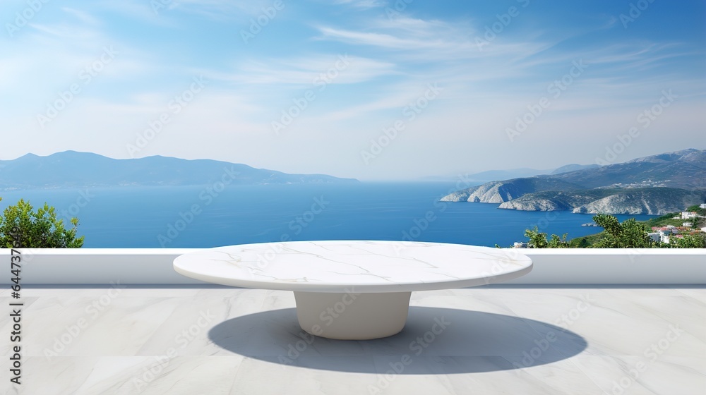 Empty white marble table top with sea background. Mockup design for display or montage of product placement. Summer luxury layout