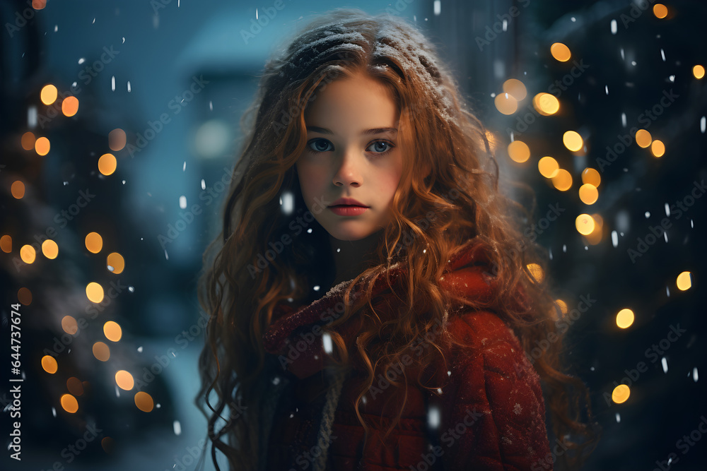 Christmas portrait of a girl in the snow at night Christmas portrait of a girl in the snow at night
