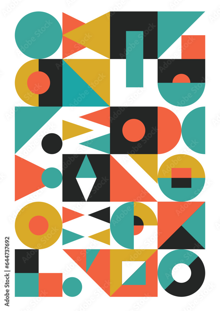 Abstract Bauhaus geometric pattern background, vector circles, triangles and square lines color art design.